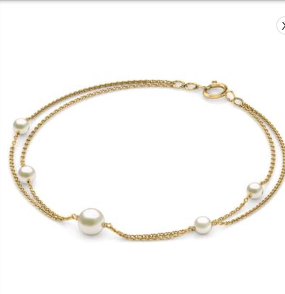 Gold Pearl Station Double Chain Bracelet